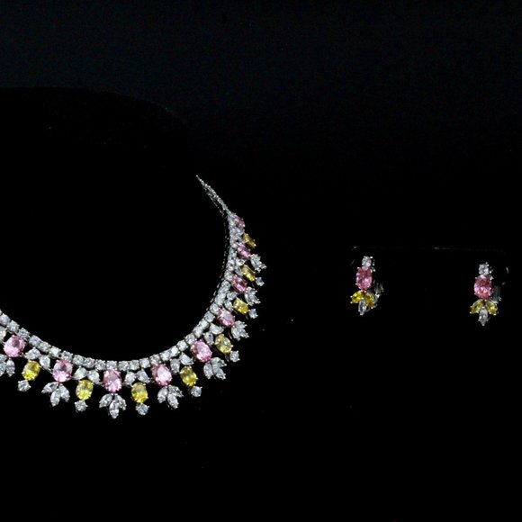 NOS Rucinni Rhinestones Jeweled Crystals Yellow Pink Pastel Necklace Set - Picture 5 of 13